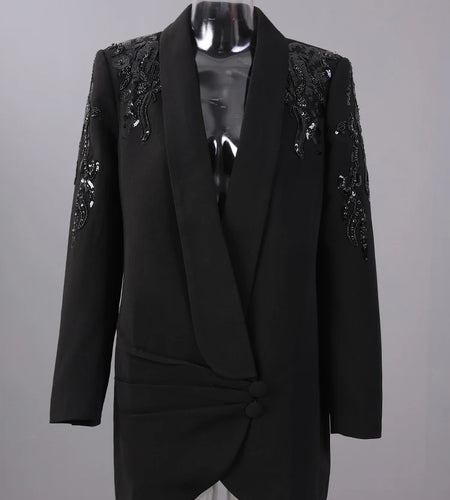 Women Black Sequins Pleated Big Size Elegant Blazer New Lapel Long Sleeve Jacket Fashion Tide Spring Autumn 2025 7AB6225