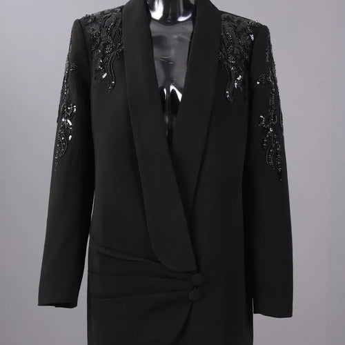 Load image into Gallery viewer, Women Black Sequins Pleated Big Size Elegant Blazer New Lapel Long Sleeve Jacket Fashion Tide Spring Autumn 2025 7AB6225
