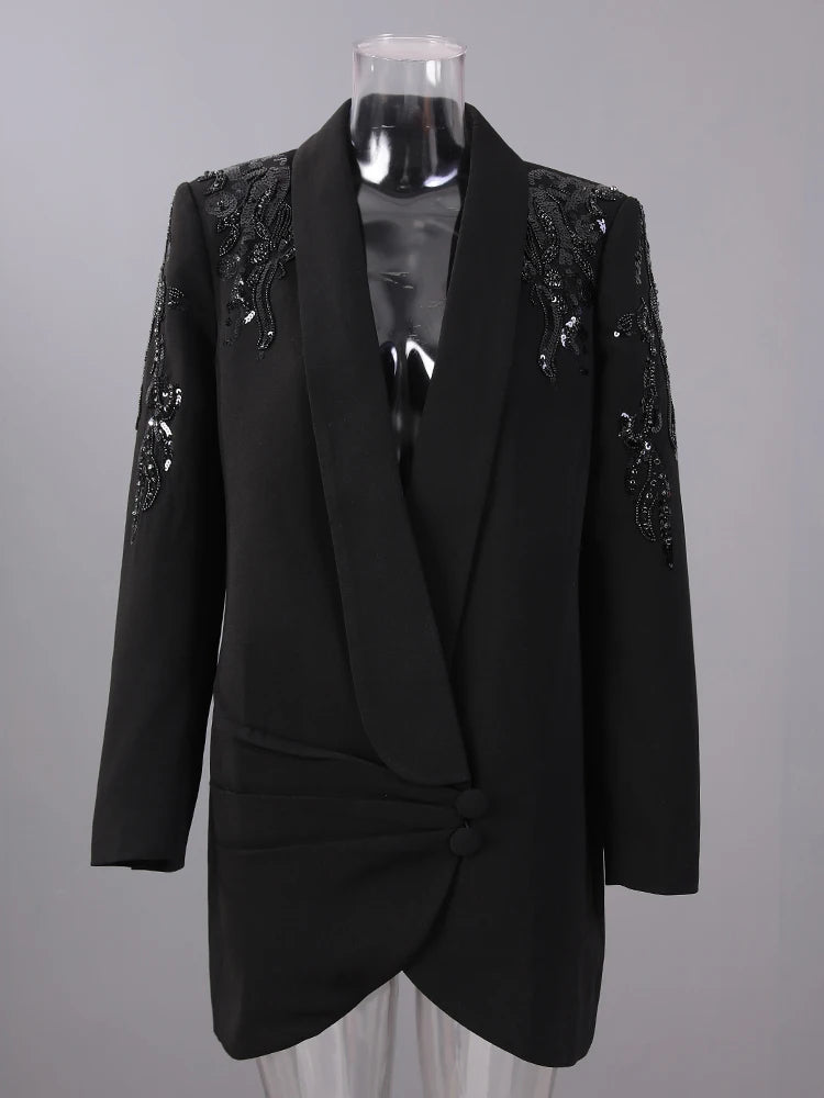 Women Black Sequins Pleated Big Size Elegant Blazer New Lapel Long Sleeve Jacket Fashion Tide Spring Autumn 2025 7AB6225