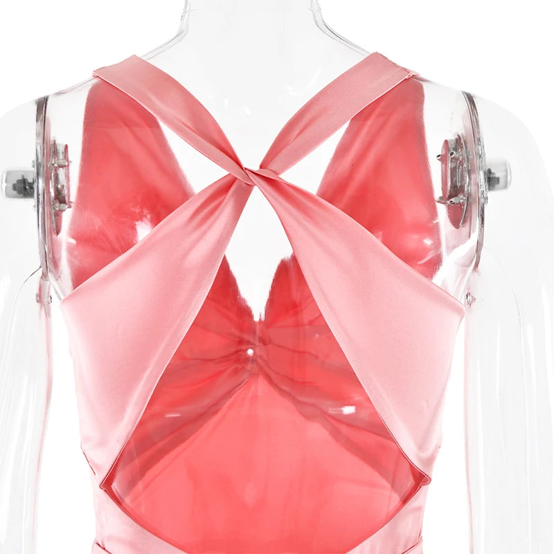 Satin Bow Backless Sexy Maxi Dress For Women Gown Fashion V Neck Sleeveless Club Party Evening Dress Elegant