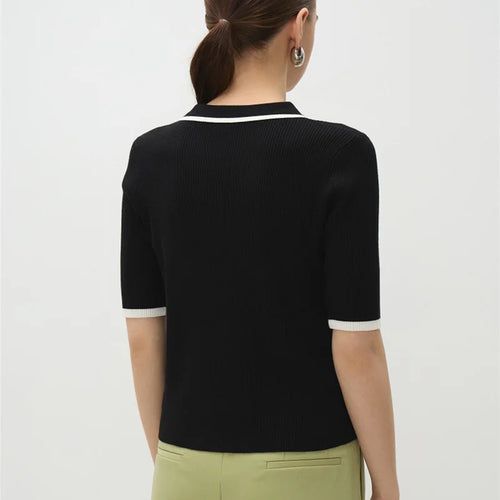 Load image into Gallery viewer, Short Sleeve Knit T-shirt Women Sweater Pullovers Summer Female Patchwork Ribbed Lapel Slim Knitted Tops Sweaters
