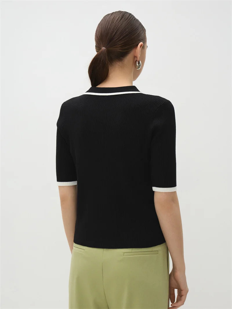 Short Sleeve Knit T-shirt Women Sweater Pullovers Summer Female Patchwork Ribbed Lapel Slim Knitted Tops Sweaters