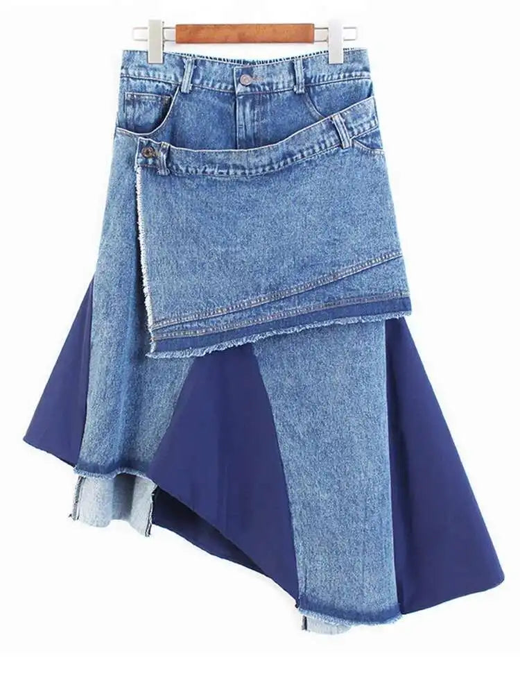 High Elastic Waist Black Denim Color-block Irregular Half-body Skirt Women Fashion Tide New Spring Autumn 2025 1DJ0125