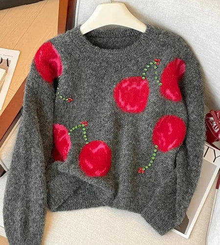 Autumn Winter Grey Patchwork Diamond Elegant Short Knitted Sweater Korean Women's Round Neck Long Sleeved Festival Pullover Tops