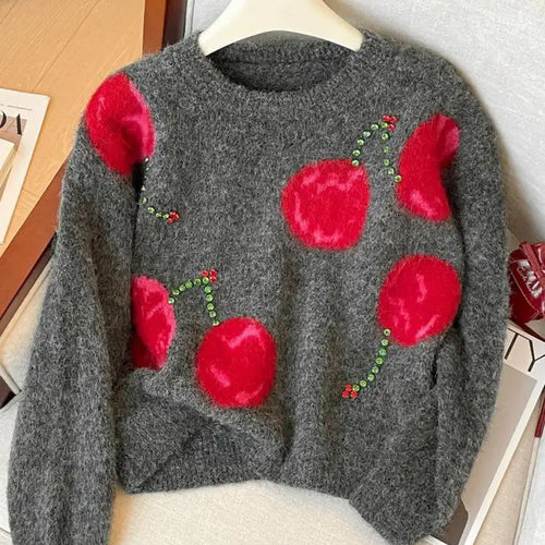 Load image into Gallery viewer, Autumn Winter Grey Patchwork Diamond Elegant Short Knitted Sweater Korean Women's Round Neck Long Sleeved Festival Pullover Tops
