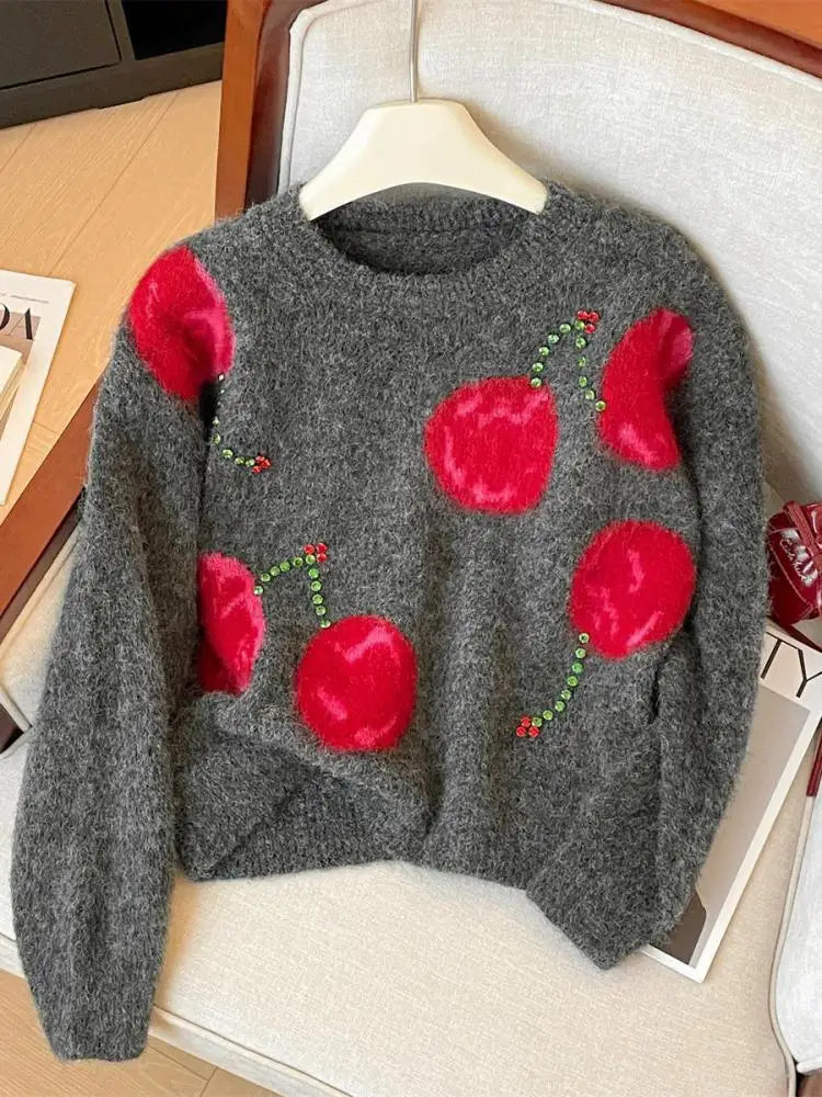 Autumn Winter Grey Patchwork Diamond Elegant Short Knitted Sweater Korean Women's Round Neck Long Sleeved Festival Pullover Tops