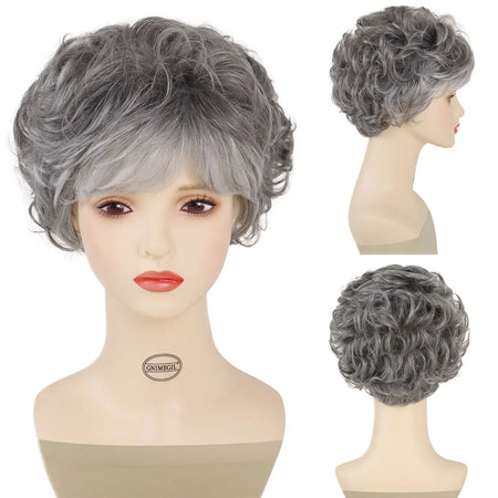 Synthetic Hair Short Gray Curly Wigs for White Women Sliver Grey Pixie Cut Wig with Bangs Wavy Fluffy Old Lady Costume