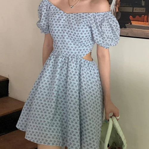 Load image into Gallery viewer, Printed Hollow Out Puff Sleeve Dresses Square Neck Chiffon Ruffled Women Dresses High Street Elegant Fashion Female Dress
