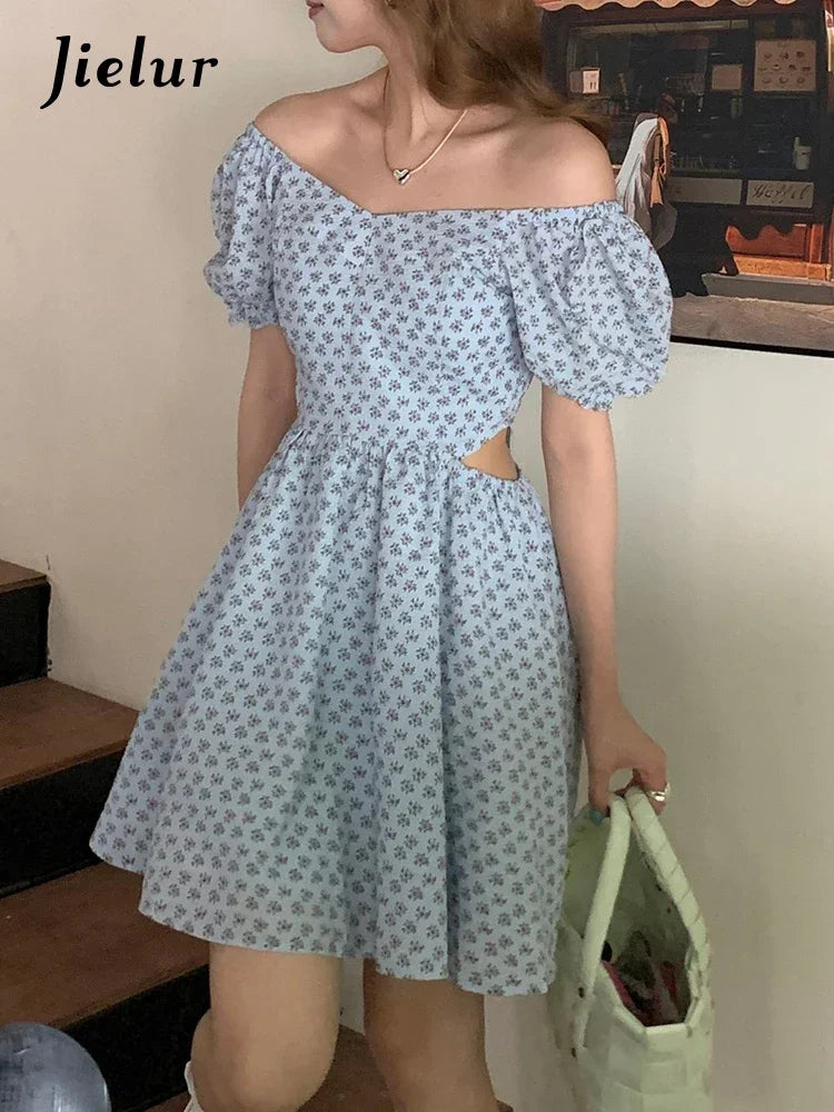 Printed Hollow Out Puff Sleeve Dresses Square Neck Chiffon Ruffled Women Dresses High Street Elegant Fashion Female Dress