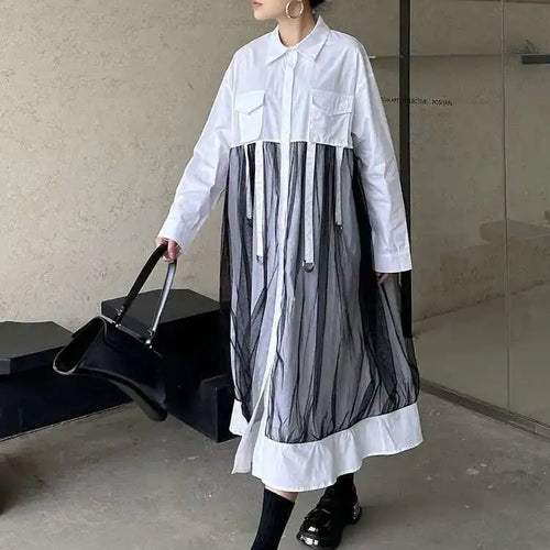Load image into Gallery viewer, Women White Mesh Ribbons Pocket Big Size Midi Shirt Dress New Lapel Long Sleeve Fashion Tide Spring Autumn 2025 1DH8647
