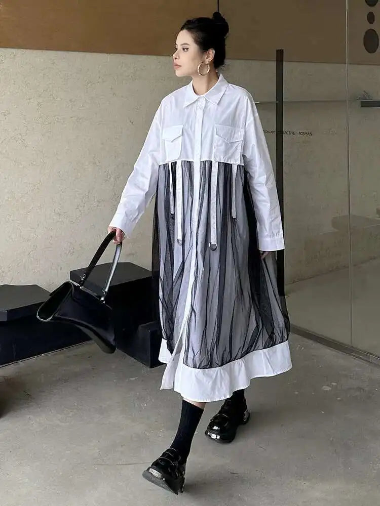 Women White Mesh Ribbons Pocket Big Size Midi Shirt Dress New Lapel Long Sleeve Fashion Tide Spring Autumn 2025 1DH8647