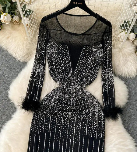 Women Luxury Black Slim  Round Neck Diamond Long Sleeve Mesh Dress Autumn Elegant Evening Party Carpet Show Stage Costume Dress