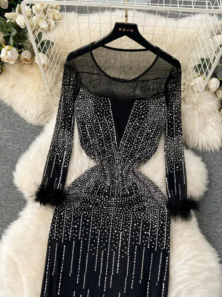 Women Luxury Black Slim  Round Neck Diamond Long Sleeve Mesh Dress Autumn Elegant Evening Party Carpet Show Stage Costume Dress