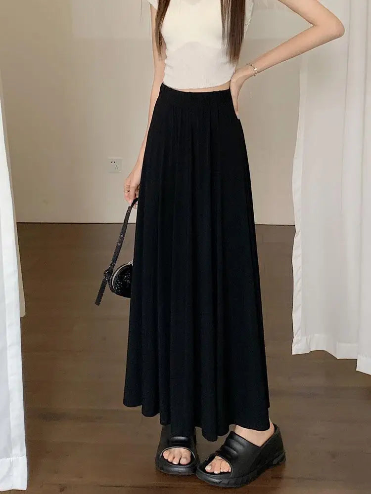Korean Version Black Elegant Festival Pleated Half Skirts Gray Elastic High Waist A-line Long Skirt 2024 Summer Simplicity Trend