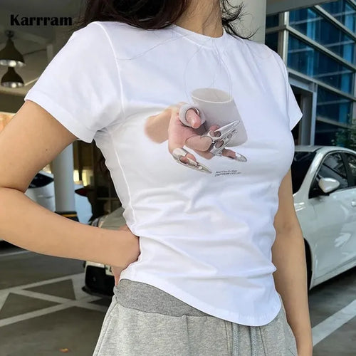 Load image into Gallery viewer, Korean Fashion Irregular Crop Tops Chic Graphic T-shirts Y2k Aesthetics Sexy Slim Tshirt Grunge Print Designer Clothes
