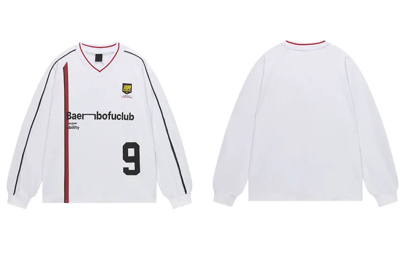 Vintage T-Shirt Y2K Graphic Printed Racing Sports Long Sleeve Tshirt Streetwear Hip Hop Harajuku Casual Baggy V-Neck Top Tee