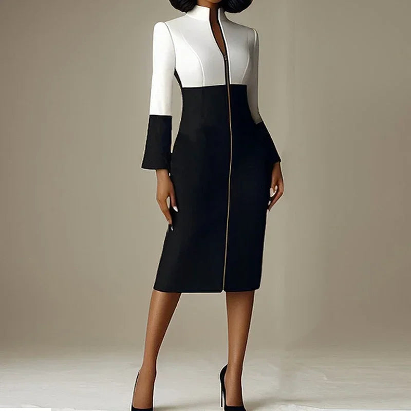 Women's Bodycon Dresses 2024 Autumn Winter Contrast Color V-neck with Zipper Long Sleeves Formal Occasion Dresses