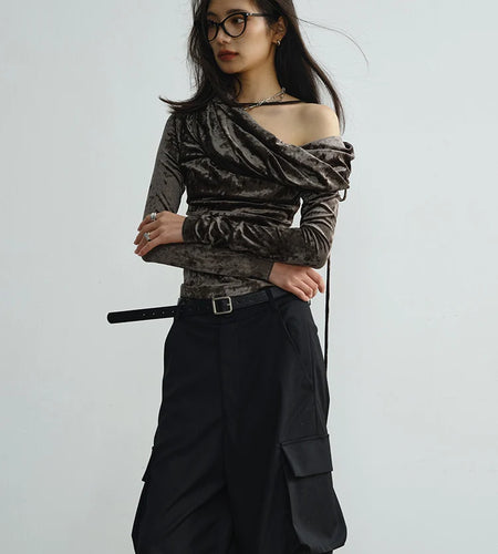 Women Dark Green Velvet Elegant T-shirt New Asymmetrical Collar Long Sleeve Fashion Tide Spring Autumn 2025 1DJ1732