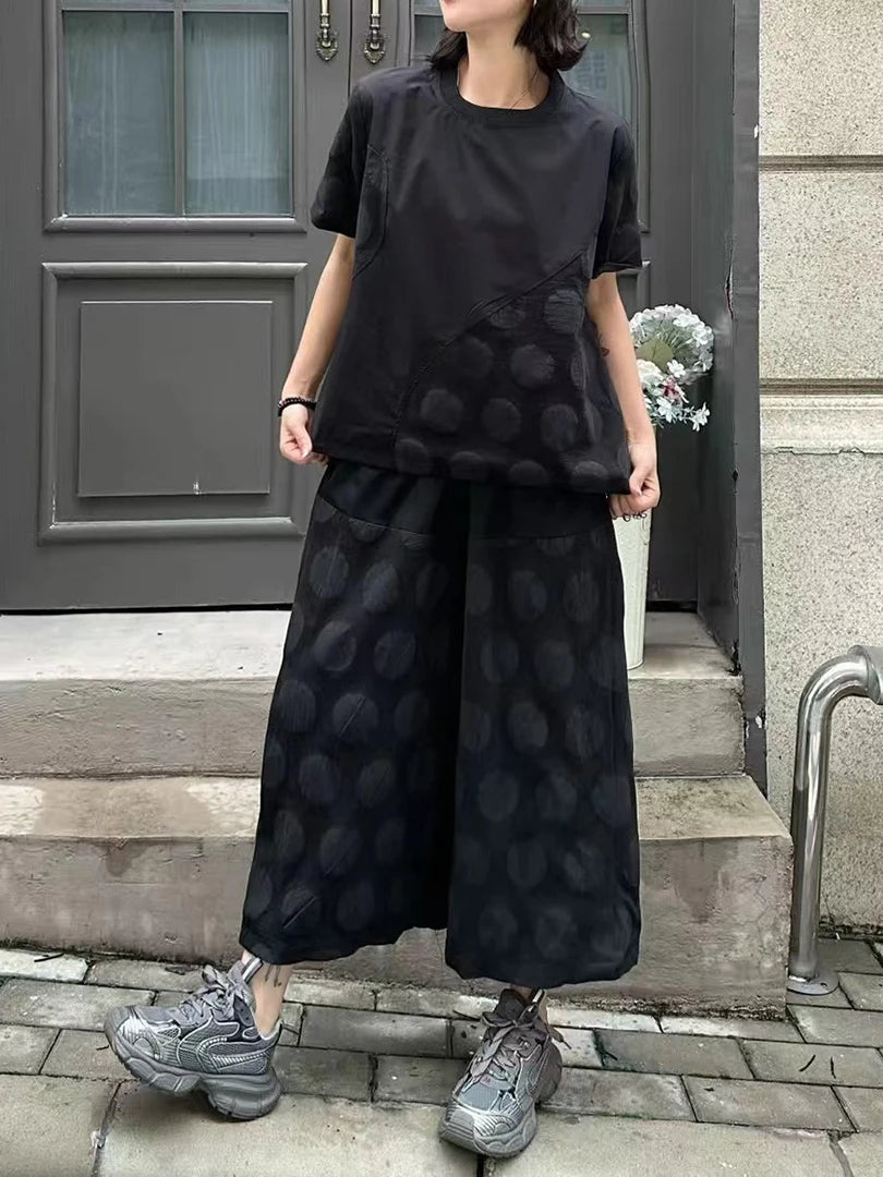 High Elastic Waist Black Dor Print Pocket Calf-Length Pants New Trousers Women Fashion Tide Spring Autumn 2025 1DJ1619