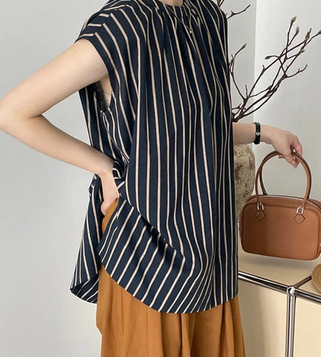 Women Black Striped Big Size Elegant Blouse New Stand Collar Sleeveless Shirt Fashion Tide Spring Summer  2025 1DJ1185