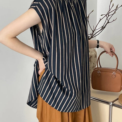 Load image into Gallery viewer, Women Black Striped Big Size Elegant Blouse New Stand Collar Sleeveless Shirt Fashion Tide Spring Summer  2025 1DJ1185

