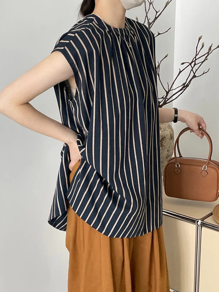 Women Black Striped Big Size Elegant Blouse New Stand Collar Sleeveless Shirt Fashion Tide Spring Summer  2025 1DJ1185