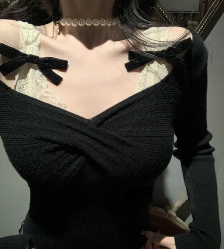 Korean Sexy Fairy Crop Top Sweater Women Japanese Sweet Y2k Aesthetic Bow Lace Patchwork Knitted Pullover Thin Kintwear Tops
