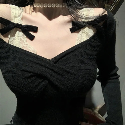 Load image into Gallery viewer, Korean Sexy Fairy Crop Top Sweater Women Japanese Sweet Y2k Aesthetic Bow Lace Patchwork Knitted Pullover Thin Kintwear Tops
