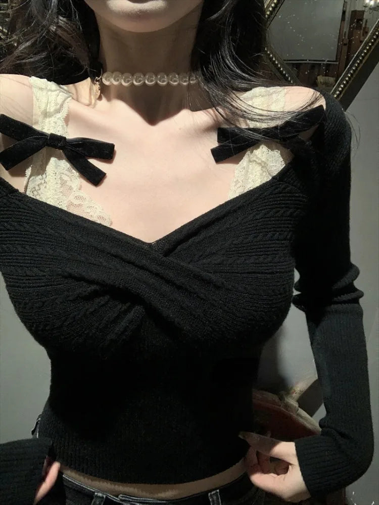 Korean Sexy Fairy Crop Top Sweater Women Japanese Sweet Y2k Aesthetic Bow Lace Patchwork Knitted Pullover Thin Kintwear Tops