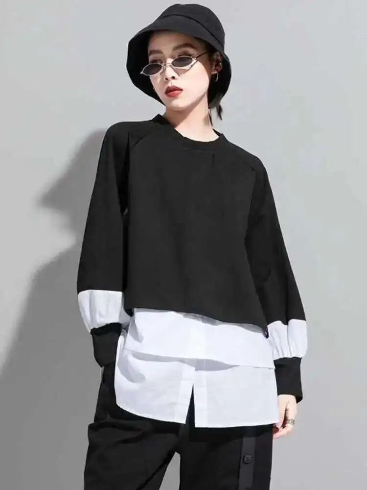 Women Contrast Color Split Joint Big Size T-shirt New Round Neck Long Sleeve  Fashion Tide  Spring Autumn 2025 1DC538