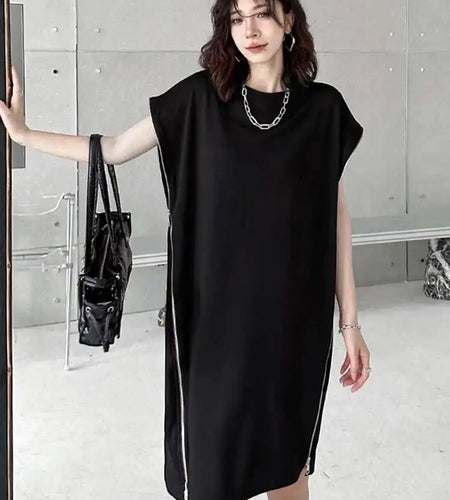 Women Black Zipper Big Size Casual Dress New Round Neck Short Sleeve Loose Fit Fashion Tide Spring Summer 2025 1DF7865
