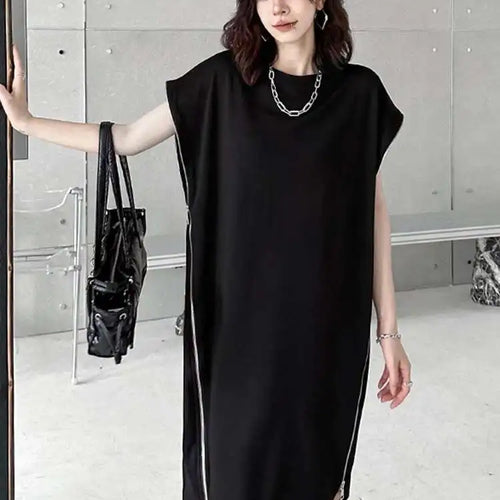 Load image into Gallery viewer, Women Black Zipper Big Size Casual Dress New Round Neck Short Sleeve Loose Fit Fashion Tide Spring Summer 2025 1DF7865
