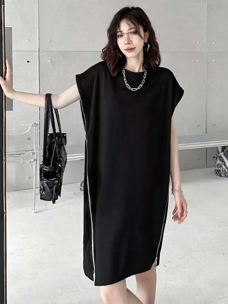 Women Black Zipper Big Size Casual Dress New Round Neck Short Sleeve Loose Fit Fashion Tide Spring Summer 2025 1DF7865