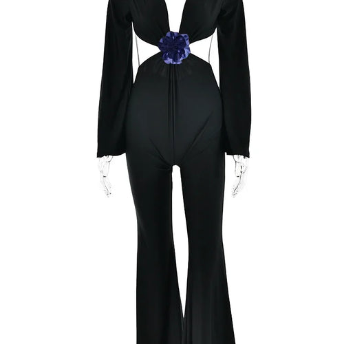 Load image into Gallery viewer, Sexy Deep V Hollow Out Jumpsuit Women 3D Flower Flare Pants Long Pants Slim Backless Female Jumpsuit Party Club Clothing
