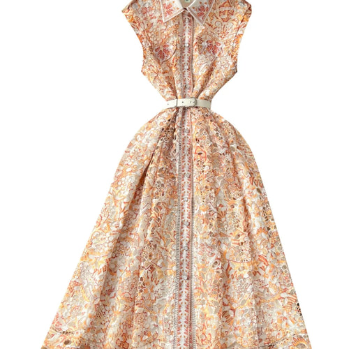 Load image into Gallery viewer, French Women's Orange Blue Crochet Flower Elegant Sleeveless Hollow Out Long Dress Summer Sexy Slim Single Breasted Party Dress
