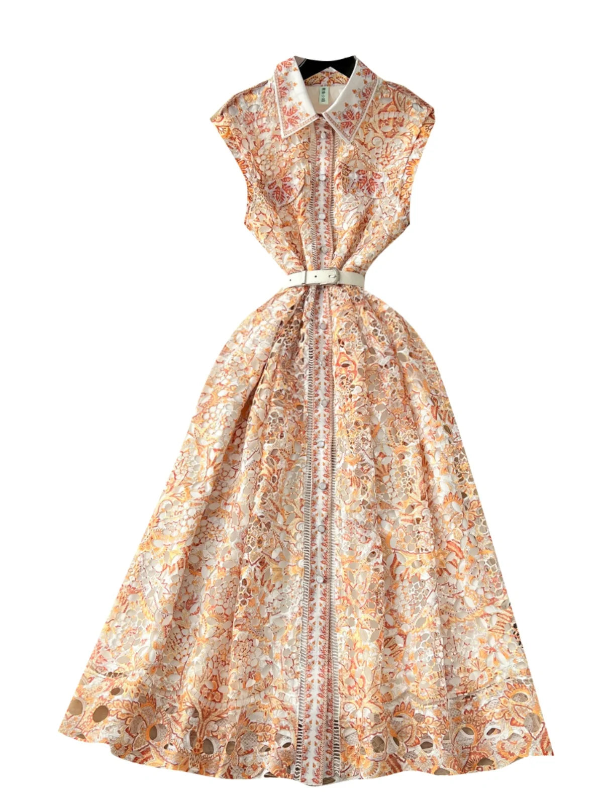 French Women's Orange Blue Crochet Flower Elegant Sleeveless Hollow Out Long Dress Summer Sexy Slim Single Breasted Party Dress