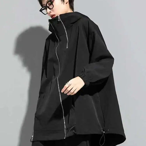 Load image into Gallery viewer, Loose Black Zipper Irregular Big Size Long Jacket New Hooded Long Sleeve Women Coat Fashion Spring Autumn 2025 1DF1658

