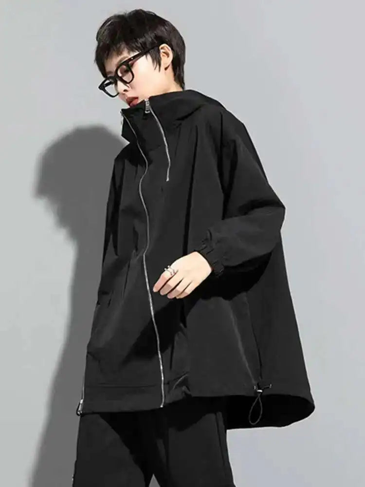 Loose Black Zipper Irregular Big Size Long Jacket New Hooded Long Sleeve Women Coat Fashion Spring Autumn 2025 1DF1658