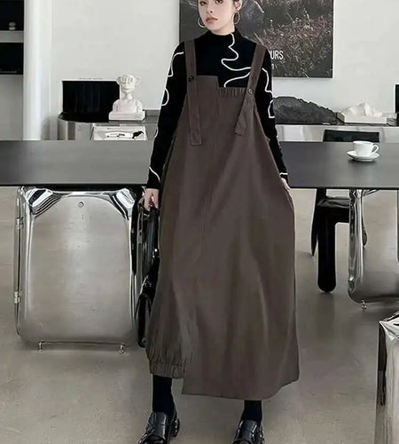 Women Coffee Irregular Spliced Big Size Strap Dress New Square Collar Sleeveless Fashion Tide Spring Autumn 2025 1DJ0050