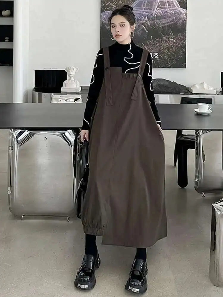 Women Coffee Irregular Spliced Big Size Strap Dress New Square Collar Sleeveless Fashion Tide Spring Autumn 2025 1DJ0050