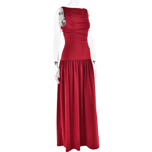 Load image into Gallery viewer, Elegant Sleeveless Maxi Dress For Women Fashion Solid Boat Neck Tank Dresses Ladies Sexy Ruched Long Dress New Gown
