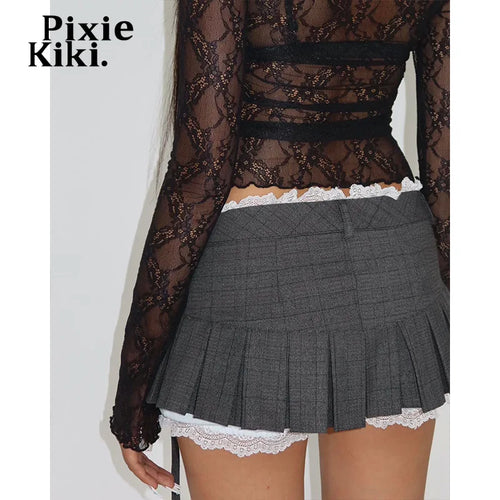 Load image into Gallery viewer, Lace Trim Low Waist Pleated Skirt Women Y2k Cutecore A-line Mini Skirts Kawaii Girls P33-DZ19
