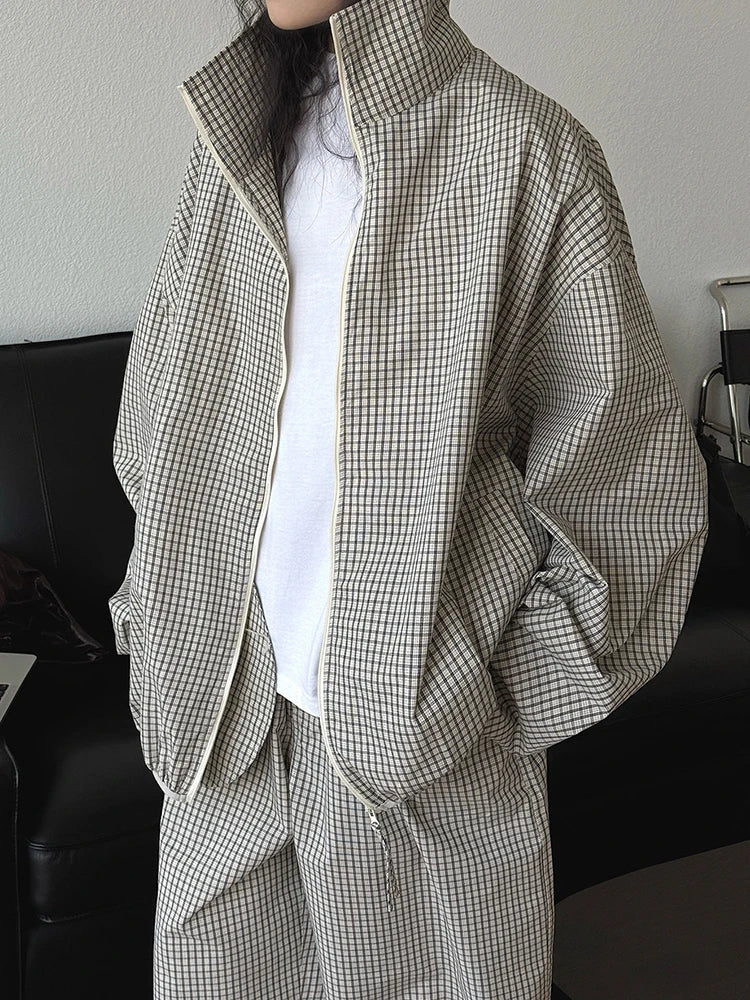 Beige Plaid Pocket Big Size Casual Jacket New Stand Collar Long Sleeve Women Coat Fashion Tide Spring Autumn 2025 1DJ0868