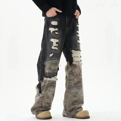 Load image into Gallery viewer, Patchwork Streetwear Men&#39;s Denim Pants Niche Design Camouflage Worn-out Straight Wide Leg Male Jeans Autumn Tide 9C8818
