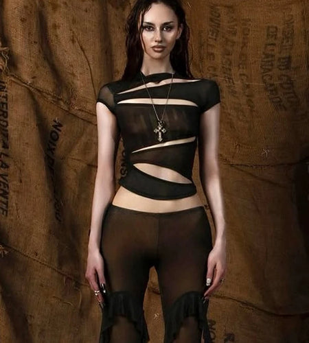 Hollow t-Shirts Women o-Neck Skinny Elasticity Sexy Summer New Trend Midnight Hip-Hop Style Versatile Classic Mini Tops