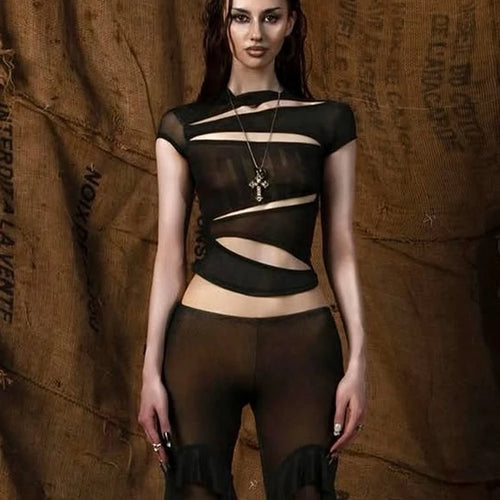 Load image into Gallery viewer, Hollow t-Shirts Women o-Neck Skinny Elasticity Sexy Summer New Trend Midnight Hip-Hop Style Versatile Classic Mini Tops
