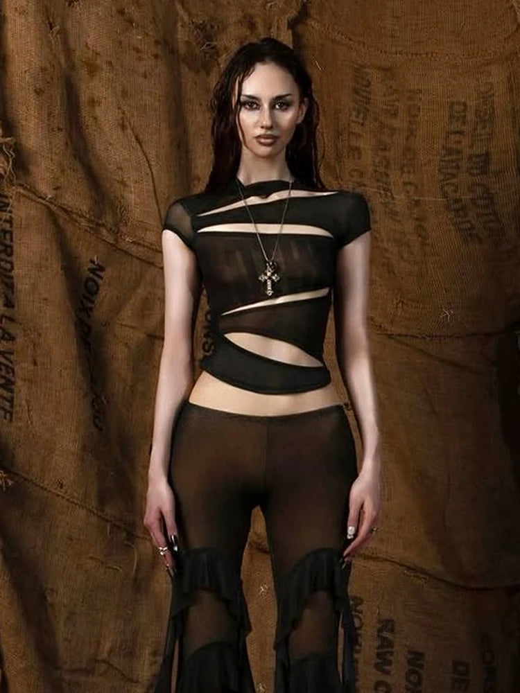 Hollow t-Shirts Women o-Neck Skinny Elasticity Sexy Summer New Trend Midnight Hip-Hop Style Versatile Classic Mini Tops