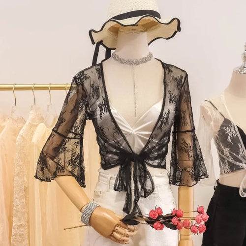 Load image into Gallery viewer, 2023 Summer Jackets Lace Shawl Women&#39;s Clothing Short Lace-up Sun Protection Shawl Coat Cardigan Top Thin Femme Mujer

