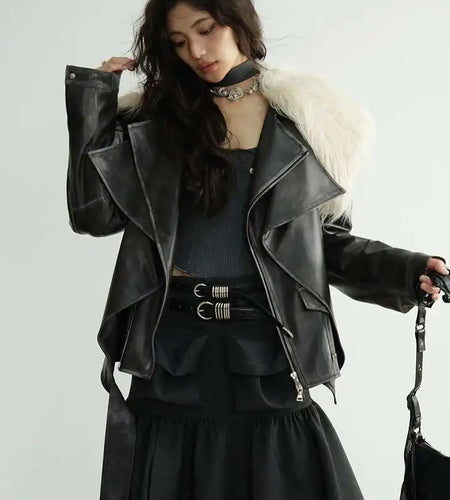 Black Thick Big Size Vintage PU Leather Jacket New Fur Collar Long Sleeve Women Coat Fashion Spring Autumn 2025 1DH8266