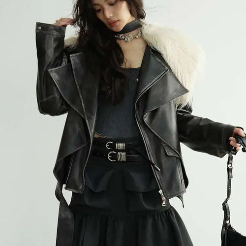 Load image into Gallery viewer, Black Thick Big Size Vintage PU Leather Jacket New Fur Collar Long Sleeve Women Coat Fashion Spring Autumn 2025 1DH8266
